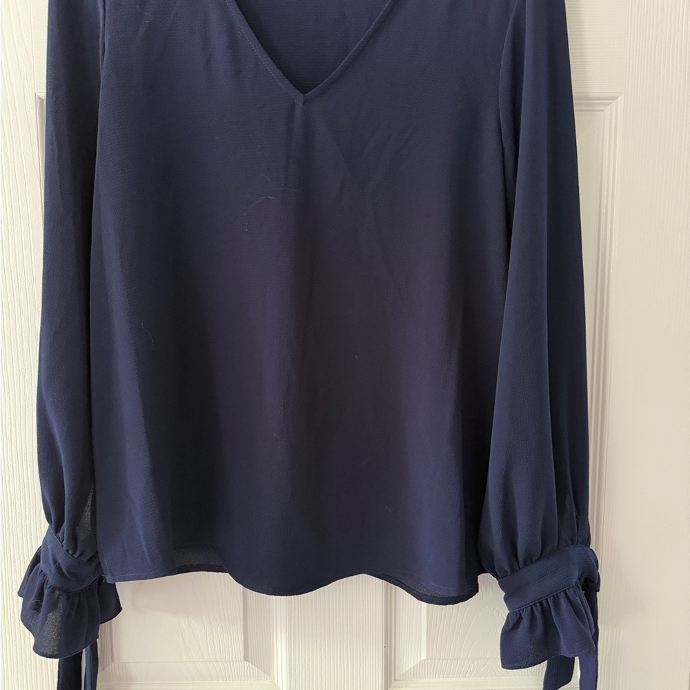 CeCe Deep Navy Blouse with Tie Sleeves